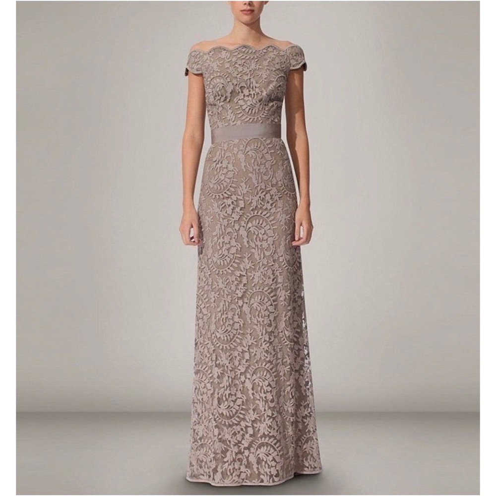Tadashi Shoji Off The Shoulder Scalloped Lace Belted Gown